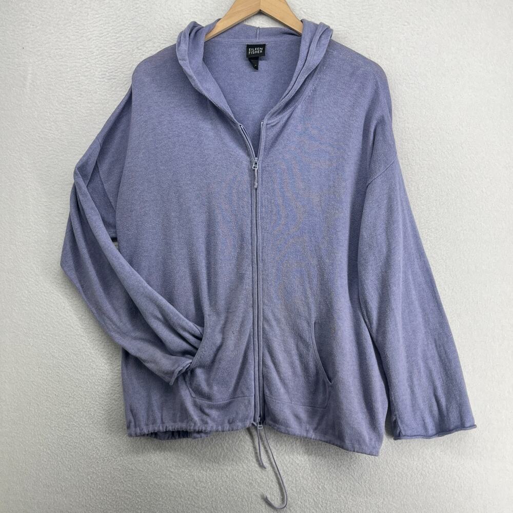 EILEEN FISHER Sweater XL Organic Cotton Full Zip Cardigan Hoodie Cinched Purple